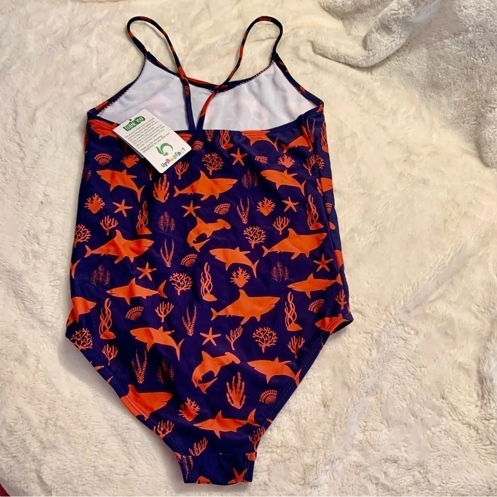 NWT Girls Swimsuit Sz 12 (Girls) One-Piece Dark Blue Red Shark Ocean Pattern